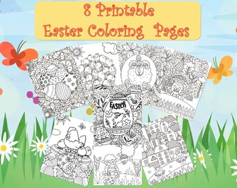 Easter Coloring Pages - 8 Printable Pages - Coloring Pages for Kids and Adults - Easter Eggs Chicks Bunnies Sheep - Beautiful Detailed Pages