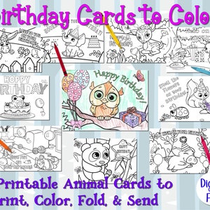 Birthday Printable Cards - 10 Coloring Animal Cards for Kids to Color ...