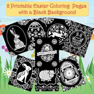 Easter Coloring Pages - Black Background - 8 Beautiful Detailed Pages for Kids and Adults - Easter Eggs Bunnies Rabbits Sheep