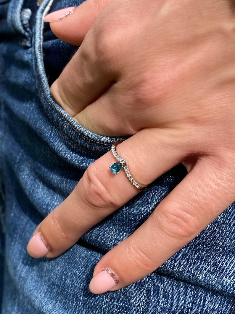Minimalist Blue Topaz Ring in 14k Gold Dainty Promise Ring Topaz Promise Ring for Women Pear Shape London Blue Topaz And Diamond Ring