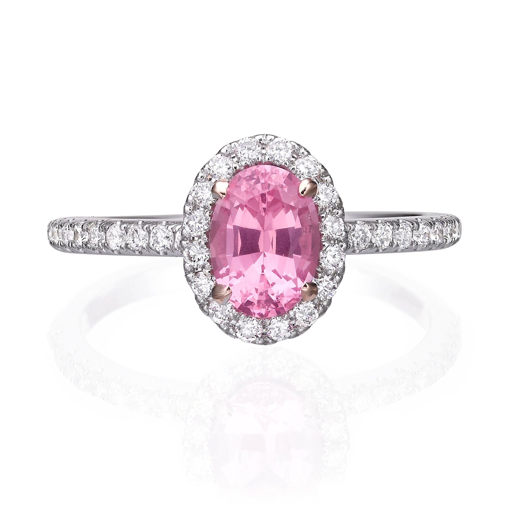 1.36 Carat Pink Spinel and Diamond Halo Engagement Ring in 18k White Gold  For Sale at 1stDibs