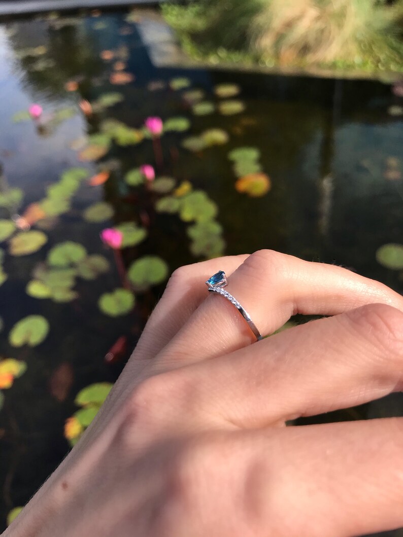 Minimalist Blue Topaz Ring in 14k Gold Dainty Promise Ring Topaz Promise Ring for Women Pear Shape London Blue Topaz And Diamond Ring