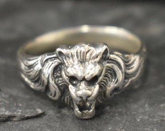 Bague lion, bague lion en argent, bague en argent massif, bague tête de lion, bague lion, bague lion majestueux, bijoux Anima, bague lion rugissant, bague vintage