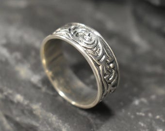 Anillo de hoja de plata, anillo de hoja, anillo de banda ancha, banda floral, anillo de plata maciza, anillo floral de plata, anillo de hoja vintage, anillo de rama de plata
