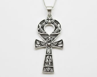 Large Cross Necklace, Silver Egyptian Necklace, Silver Ankh Pendant, Large Egyptian Charm Pendant, Silver Cross Necklace, Silver by Adina