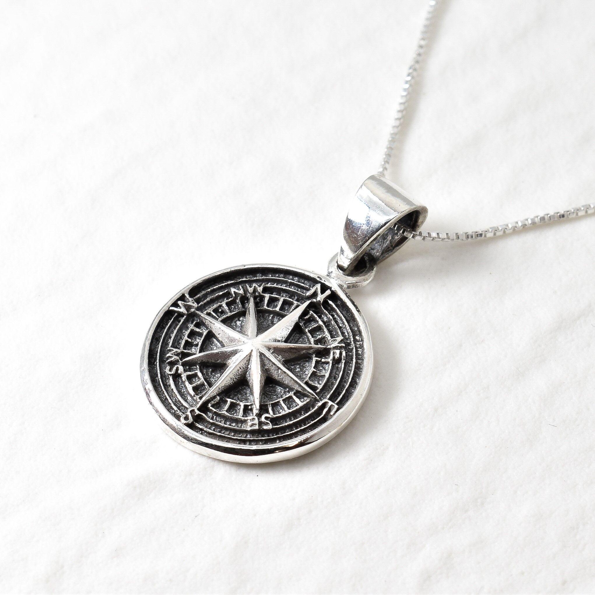 Silver Compass Necklace, North Star Pendant, Viking Compass