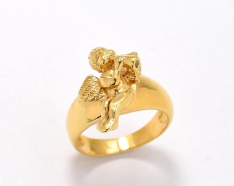 Złoty pierścień z aniołem, pierścień anielski, pierścień Kupidyna, pierścień świętego, pierścień z wyrazistym wzorem, pierścień religijny, pierścień ze złota vermeil, pierścień pozłacany, pierścień z fletem anioła