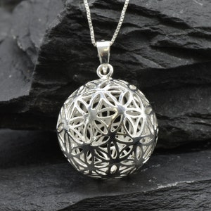 Silver Ball Pendant, Floral Necklace, Flower of Life, Sphere Necklace, Necklace Silver Sphere, Silver Pendant, Gift for Her,