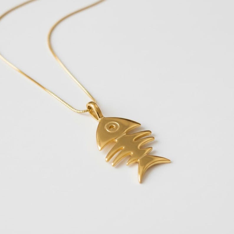 Gold Fish Pendant, Gold Fish Necklace, Fish Bone Pendant, Artistic Necklace, Animal Necklace, 18K Vermeil Necklace, Sea Necklace,Gold Plated