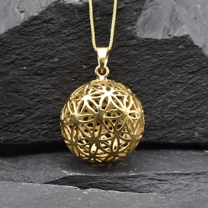 Gold Ball Necklace, Gold Sphere Necklace, Flower of Life Pendant, Gold Ball Charm, Gift for Her, Unique Ball Necklace