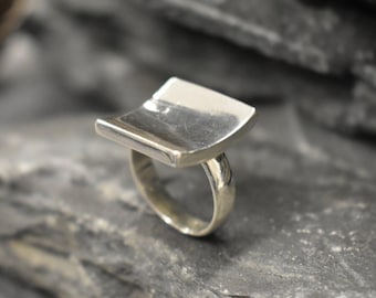 Großer Quadratischer Ring, Geometrischer Ring, Silber Quadratring, Große Ringfläche, Sterling Silber Ring, Moderne Ring, Spiegel Ring