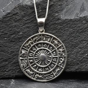 Silver Zodiac Pendant, Horoscope Pendant, Solar Calendar Necklace, Astrology Sign Wheel, Planetary Symbols, Sherpa&#39;s Nirvana, Celestial