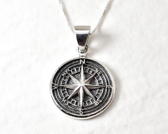 Collar con brújula de plata, colgante de la Estrella Polar, colgante de brújula vikinga, colgante de brújula redonda, colgante de brújula vintage, plata de Adina