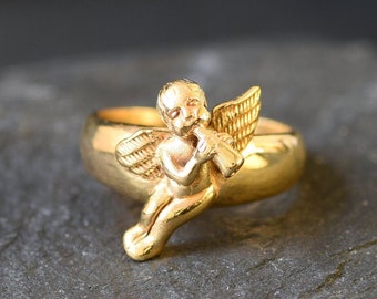 Gold Angel Ring, Angelic Ring, Cupid Ring, Saint Ring, Statement Ring, Religious Ring, Gold Vermeil Ring, Gold Plated Ring, Angel Flute Ring