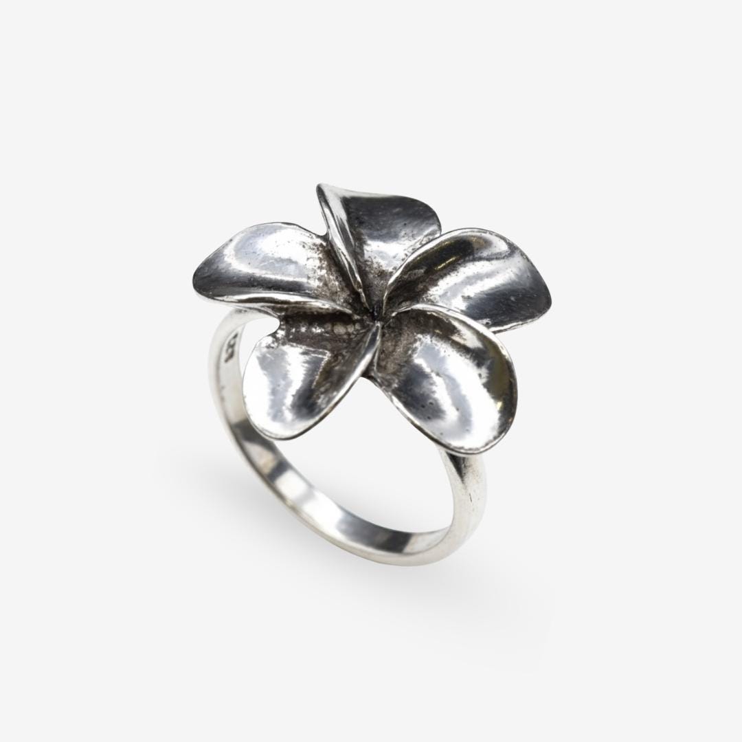 Large Silver Flower Ring, Hawaiian Flower Ring, Plumeria Ring
