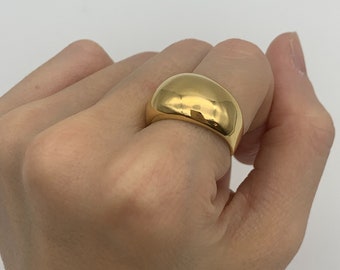 Thick Gold Ring, Wide Dome Ring, Chunky Dome Ring, Thick Gold Band, Men&#39;s Gold Ring, Gold Thumb Ring, Gold Plated Ring, Adina Stone