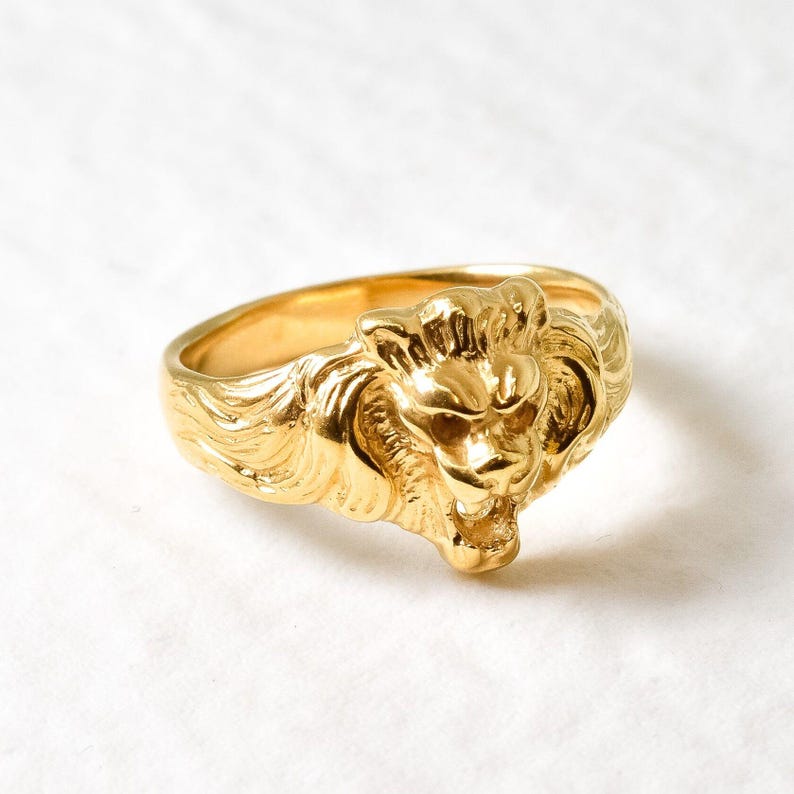 Gold Lion Ring, Gold Vintage Ring, Zodiac Ring, Antique Ring, Animal Ring, Artistic Ring, Statement Ring, Lion Head Ring, 18K Gold Plated image 3