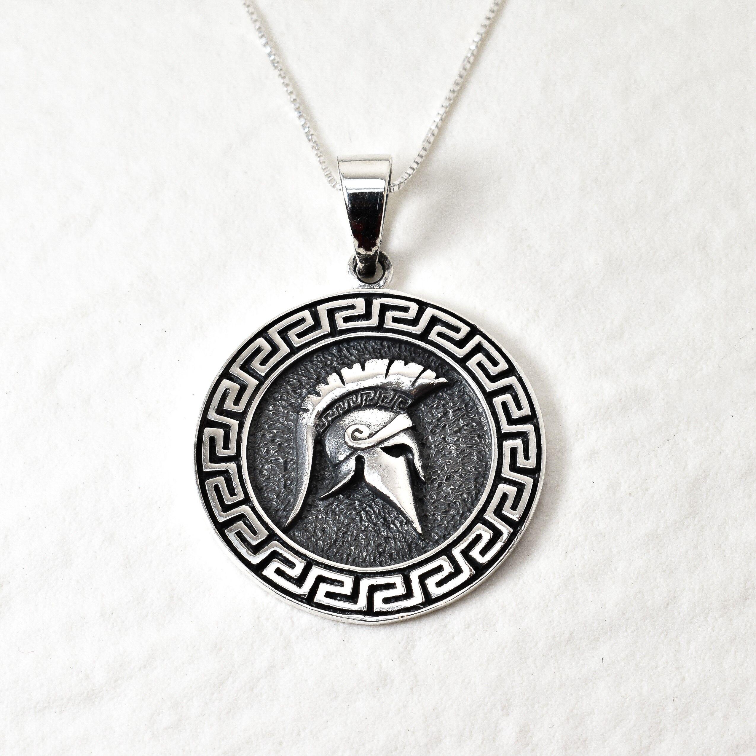Warriot Helmet Pendant, Greek Spartan Necklace, Round Silver Pendant, Gladiator Knight Pendant, Unisex Leonidas Necklace, Silver By Adina