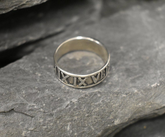 Roman Numbers Ring, Thick Silver Band, Numeral Band, Solid Silver 