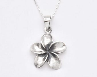 Hawaiian Flower Pendant, Big Flower Necklace, Silver Plumeria Pendant, Big Floral Necklace, Summer Necklace, Aloha Pendant, Silver by Adina