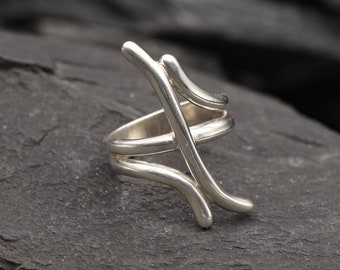 Lange zilveren ring, artistieke ring, Boho ring, lange ring, abstracte ring, statement zilveren ring, massief zilveren ring, 925 sterling zilver, ring