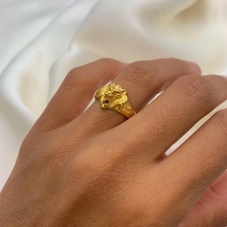 Gold Lion Ring, Gold Vintage Ring, Zodiac Ring, Antique Ring, Animal Ring, Artistic Ring, Statement Ring, Lion Head Ring, 18K Gold Plated image 2