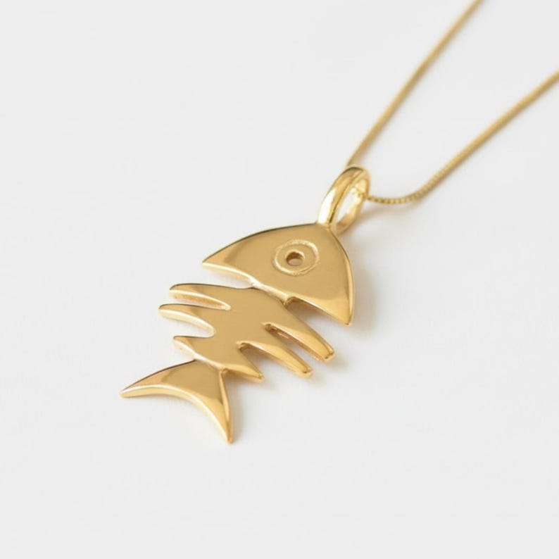 Gold Fish Pendant, Gold Fish Necklace, Fish Bone Pendant, Artistic Necklace, Animal Necklace, 18K Vermeil Necklace, Sea Necklace,Gold Plated