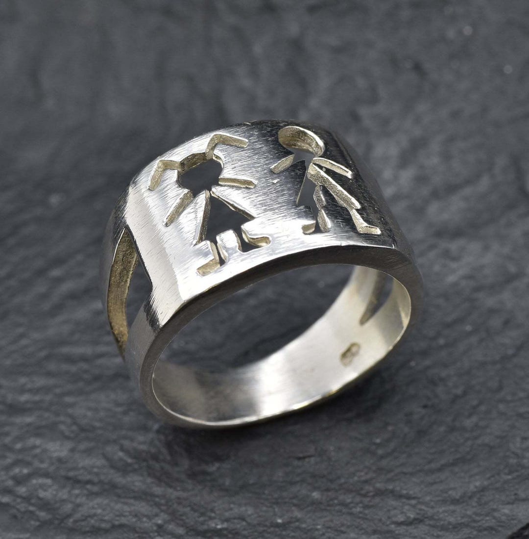 Children Drawing Ring, Engraved Boy & Girl Ring, Silver Stick Figure ...