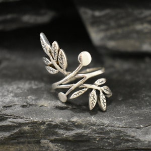 Silver Leaf Ring, Silver Branch Ring, Bohemian Ring, Long Silver Ring, Vintage Ring, Statement Ring, Log Ring, Leaf Ring, Solid Silver Ring image 1