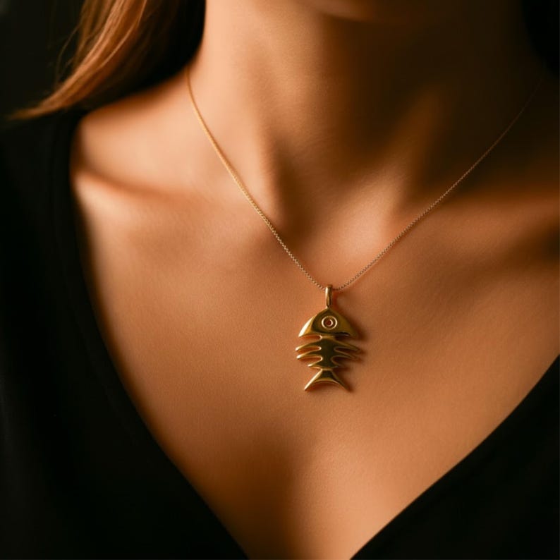 Gold Fish Pendant, Gold Fish Necklace, Fish Bone Pendant, Artistic Necklace, Animal Necklace, 18K Vermeil Necklace, Sea Necklace,Gold Plated