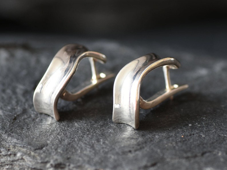 Silver Hoop Earrings, Curve Earrings, Minimalist Earrings, Wave Earrings, Thick Hoops, Half Hoops, Simple Hoops, 925 Silver Earrings image 6