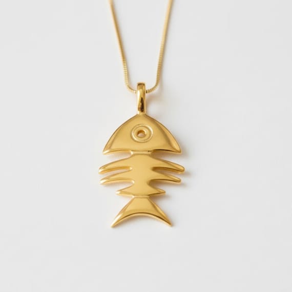 Gold Fish Pendant, Gold Fish Necklace, Fish Bone Pendant, Artistic Necklace, Animal Necklace, 18K Vermeil Necklace, Sea Necklace,Gold Plated