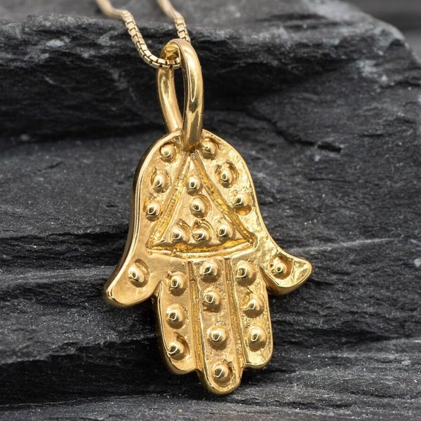 Gold Hamsa Necklace, Gold Fatima Hand Pendant, Gold Protection Pendant, Gold Symbolic Pendant, Solid Silver Pendant, 925 Sterling Silver