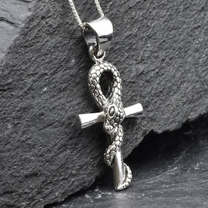 Snake Cross Necklace, Silver Cross Necklace, Ankh Snake Pendant, Silver Serpent Necklace, Snake Gothic Necklace, Egyptian Cross Necklace