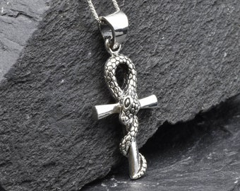 Snake Cross Necklace, Silver Cross Necklace, Ankh Snake Pendant, Silver Serpent Necklace, Snake Gothic Necklace, Egyptian Cross Necklace