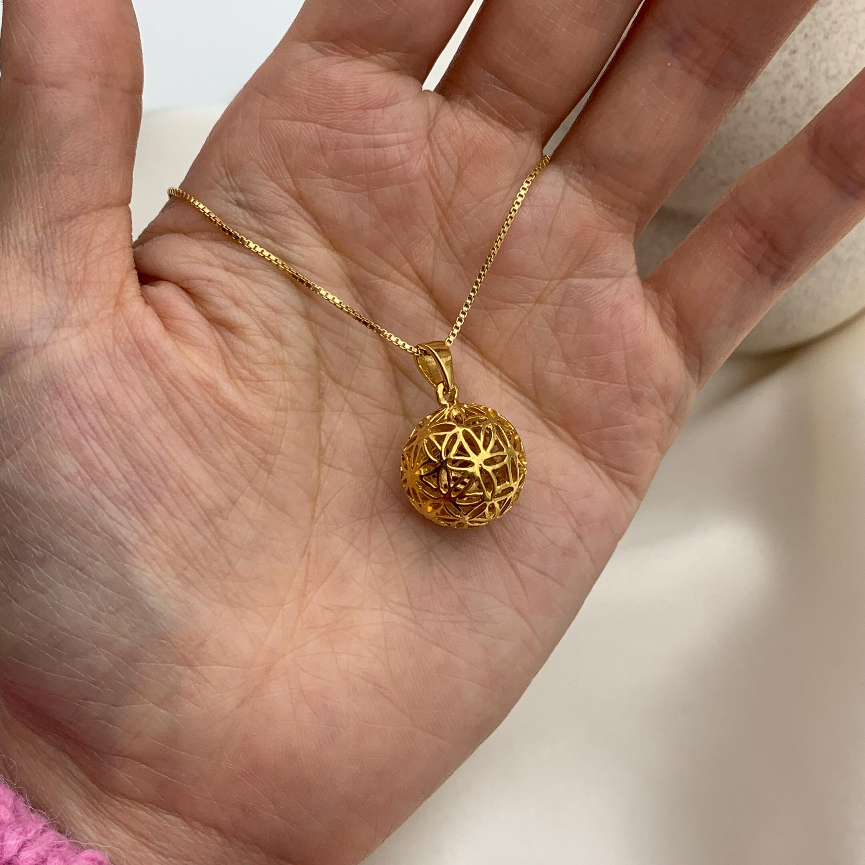Ornamental Ball Necklace, Flower of Life Pendant, Gold