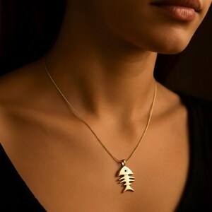 Gold Fish Pendant, Gold Fish Necklace, Fish Bone Pendant, Artistic Necklace, Animal Necklace, 18K Vermeil Necklace, Sea Necklace,Gold Plated