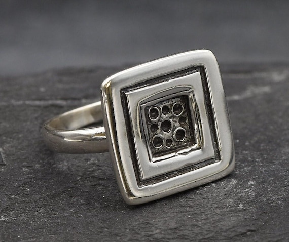 Silver Square Ring, Solid Silver Ring, Button Ring, Sterling