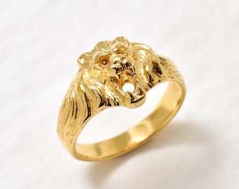 Gold Lion Ring, Gold Vintage Ring, Zodiac Ring, Antique Ring, Animal Ring, Artistic Ring, Statement Ring, Lion Head Ring, 18K Gold Plated