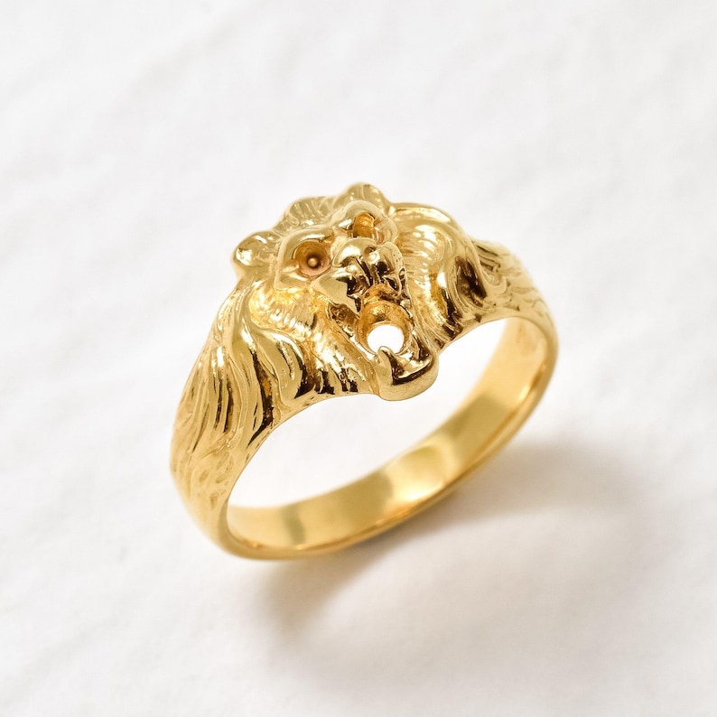 Gold Lion Ring, Gold Vintage Ring, Zodiac Ring, Antique Ring, Animal Ring, Artistic Ring, Statement Ring, Lion Head Ring, 18K Gold Plated image 1