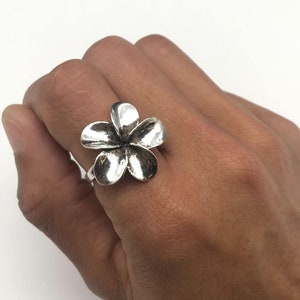 Large Silver Flower Ring, Hawaiian Flower Ring, Plumeria Ring, Large Petal Ring, Statement Flower Ring, Floral Ring, 925 Sterling Silver