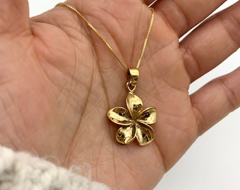 Gold Flower Necklace, Boho Necklace, Flower Pendant, Hawaiian Flower Necklace, Plumeria Pendant, Summer Jewelry, Silver By Adina, For Her