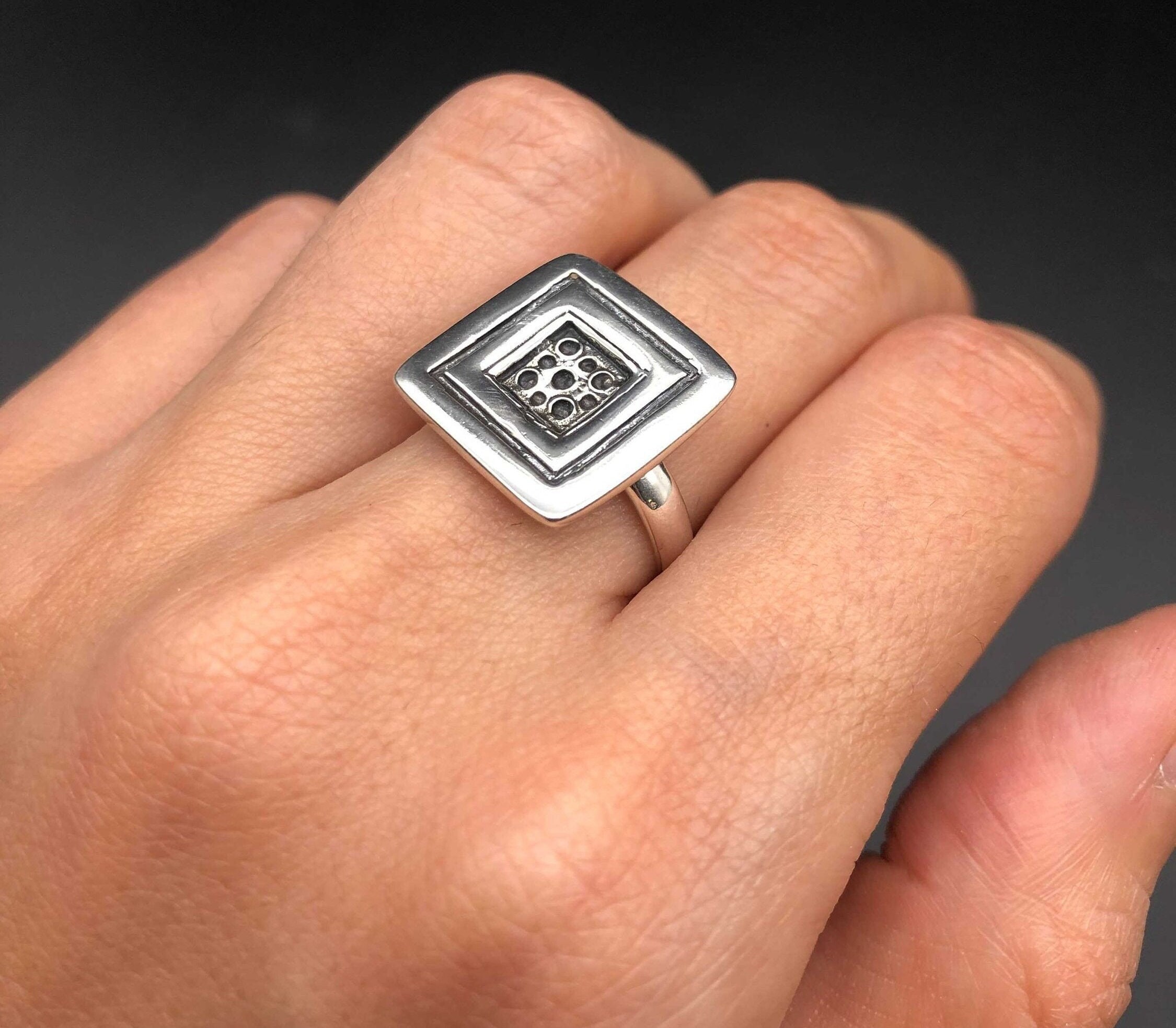 Silver Square Ring, Solid Silver Ring, Button Ring, Sterling 