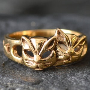 Gold Cat Ring, Cat Face Ring, Two Cats Ring, Cat Band, Kitty Ring, Cat Mask Ring, Kitten Ring, Animal Ring, Gold Plated Ring, Gold Vermeil