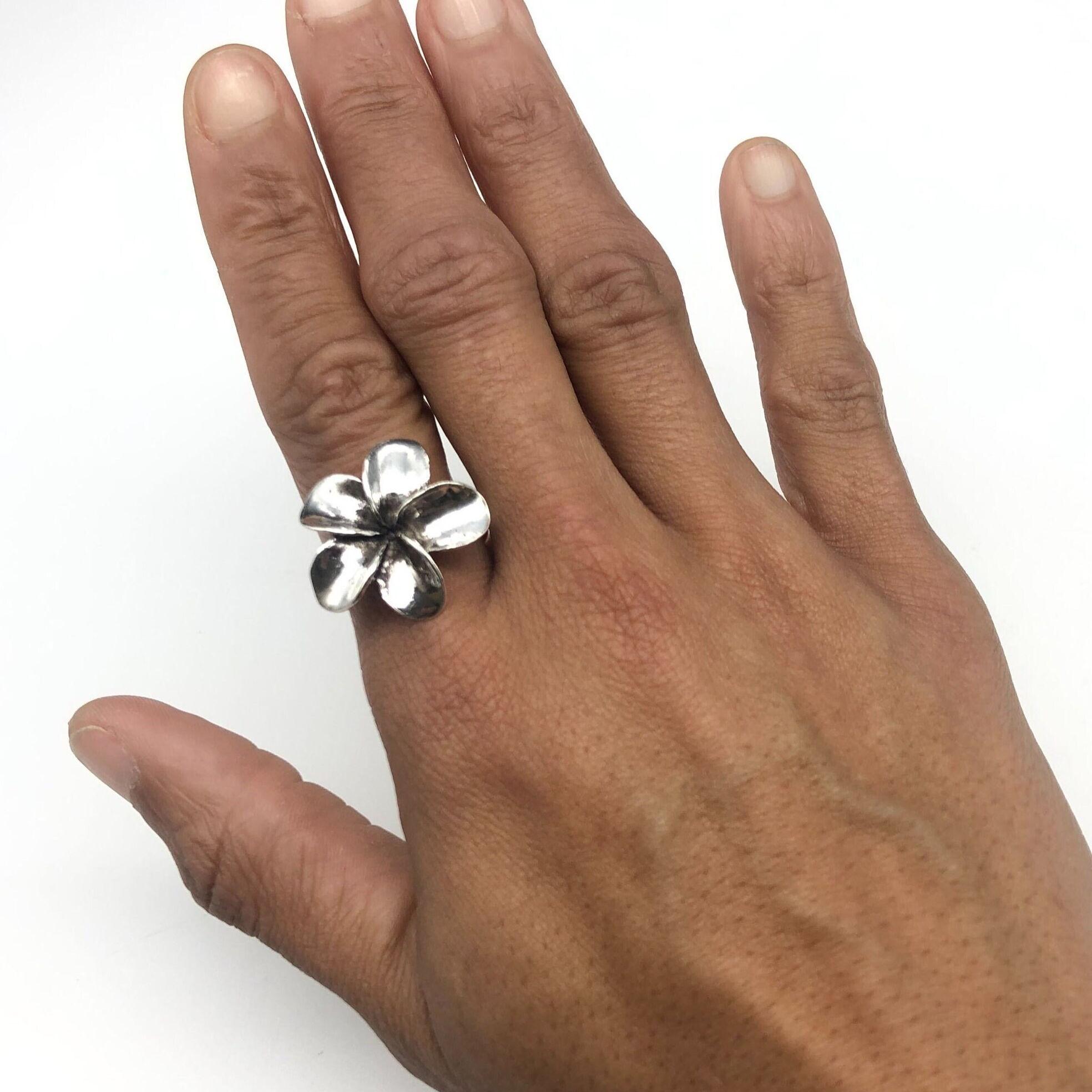 Large Silver Flower Ring, Hawaiian Flower Ring, Plumeria Ring 