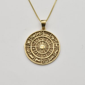 Gold Zodiac Pendant, Astrology Sign Pendant, Celestial Pendant, Astrological Wheel Pendant, Rune Pendant, Zodiac Wheel Pendant
