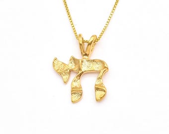 Gold Chai Pendant, Hebrew Chai Necklace, Abstract Jewish Necklace, Gold Jewish Pendant, Textured Amulet Necklace, Silver By Adina