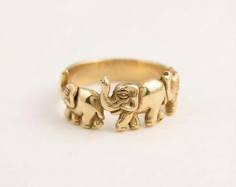 Gold Elephant Ring, Elephant Band, Gold Plated Band, Lucky Ring, Oriental Ring, Animal Ring, Vintage Band, Gold Boho Ring, Gold Vermeil Ring