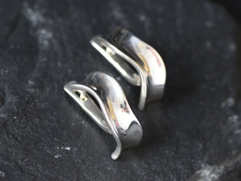 Silver Hoop Earrings, Curve Earrings, Minimalist Earrings, Wave Earrings, Thick Hoops, Half Hoops, Simple Hoops, 925 Silver Earrings image 3