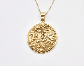 Celestial Moon and Sun Necklace, Gold Astrology Pendant, Star Jewelry, Gift for Her, Celestial Jewelry